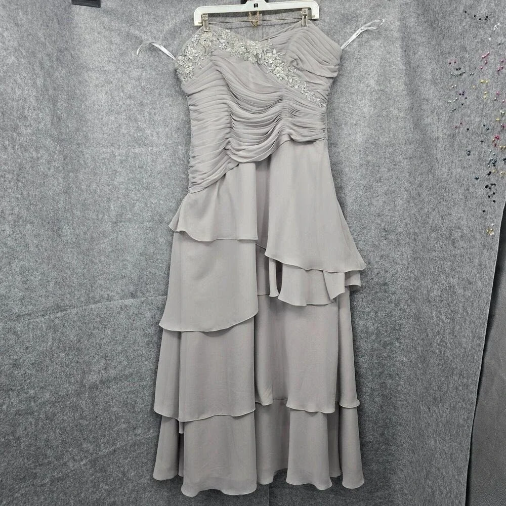 Caterina Collection Womens Grey Beaded Ruched Tiered Ruffle Formal Dress Size 12 - Picture 3 of 15